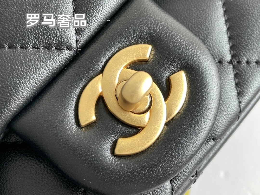 Black Quilted Leather Mini Flap Bag with Gold-Tone Chain and Camellia Charm