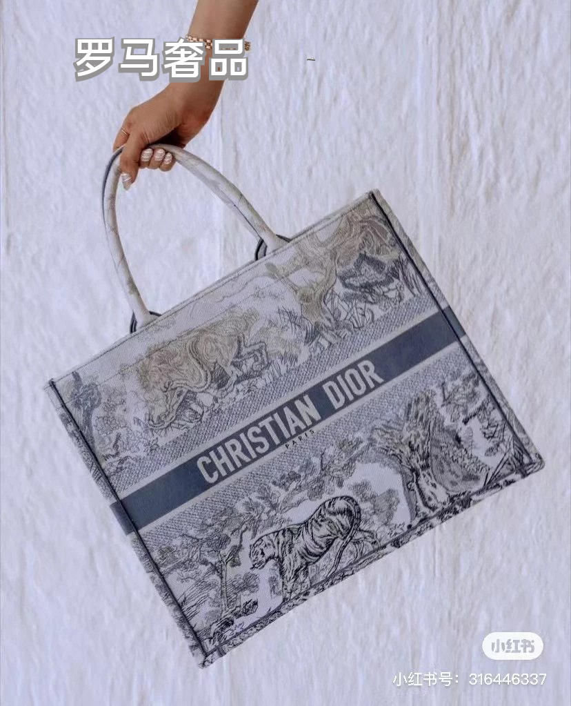 Christian Dior Grey Toile de Jouy Embroidered Canvas Medium Book Tote Bag