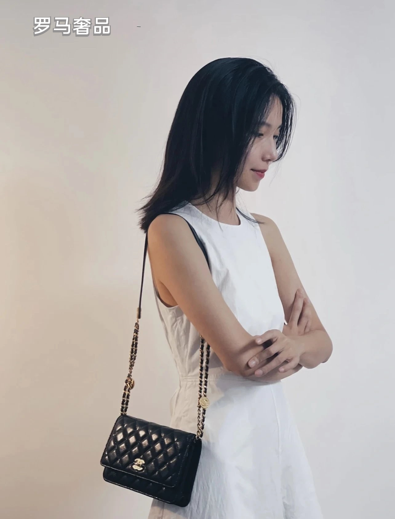 Tanzon Black Quilted Leather Crossbody Bag with Gold Chain Strap