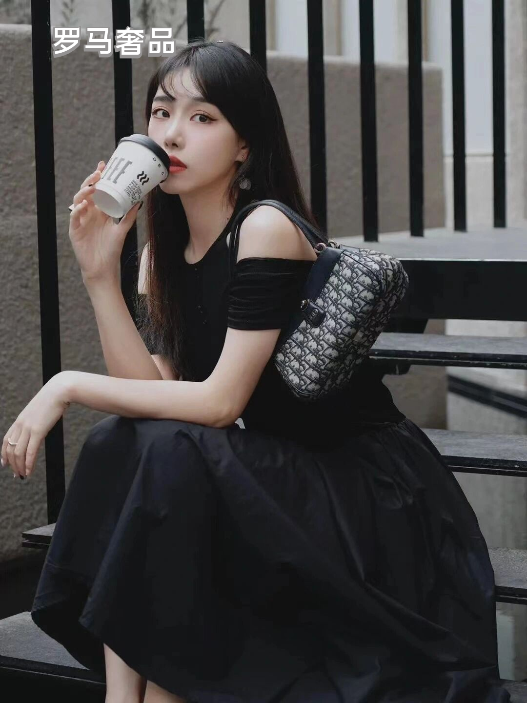 Dior Classic Monogram Print Canvas Shoulder Bag with Leather Trim