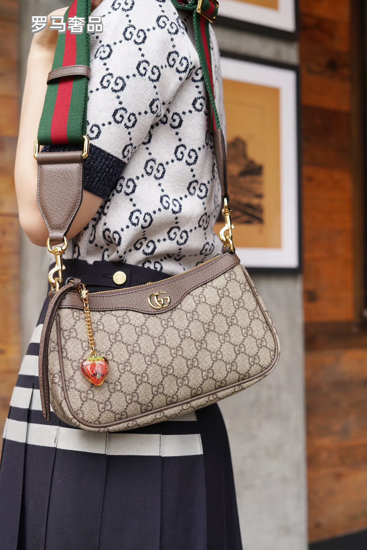 Gucci Classic Monogram Canvas Shoulder Bag with Web Strap and Strawberry Charm