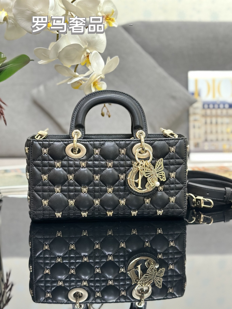 Dior Luxury Black Quilted Leather Top Handle Bag with Gold Butterfly Charm