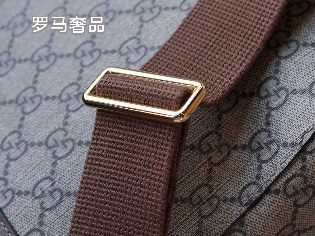 Gucci Classic Monogram Canvas Backpack with Brown Leather Trim and Drawstring
